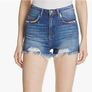 French Connection Size 6 High Waist‎ Embroidered Jean Shorts Frayed Denim Boho
